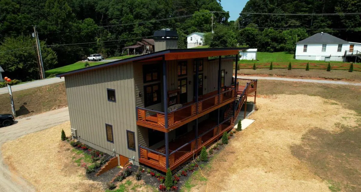 Aerial view of the decks and covered porch
