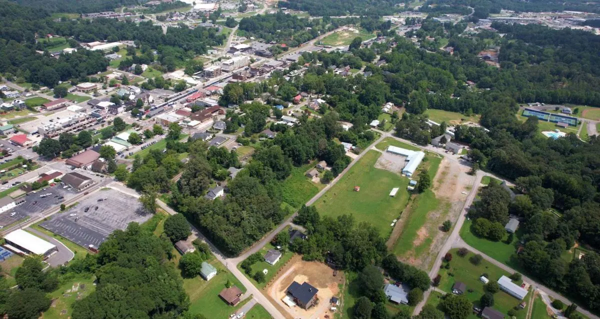 Aerial view showing the house a short distance from downtown Blue Ridge