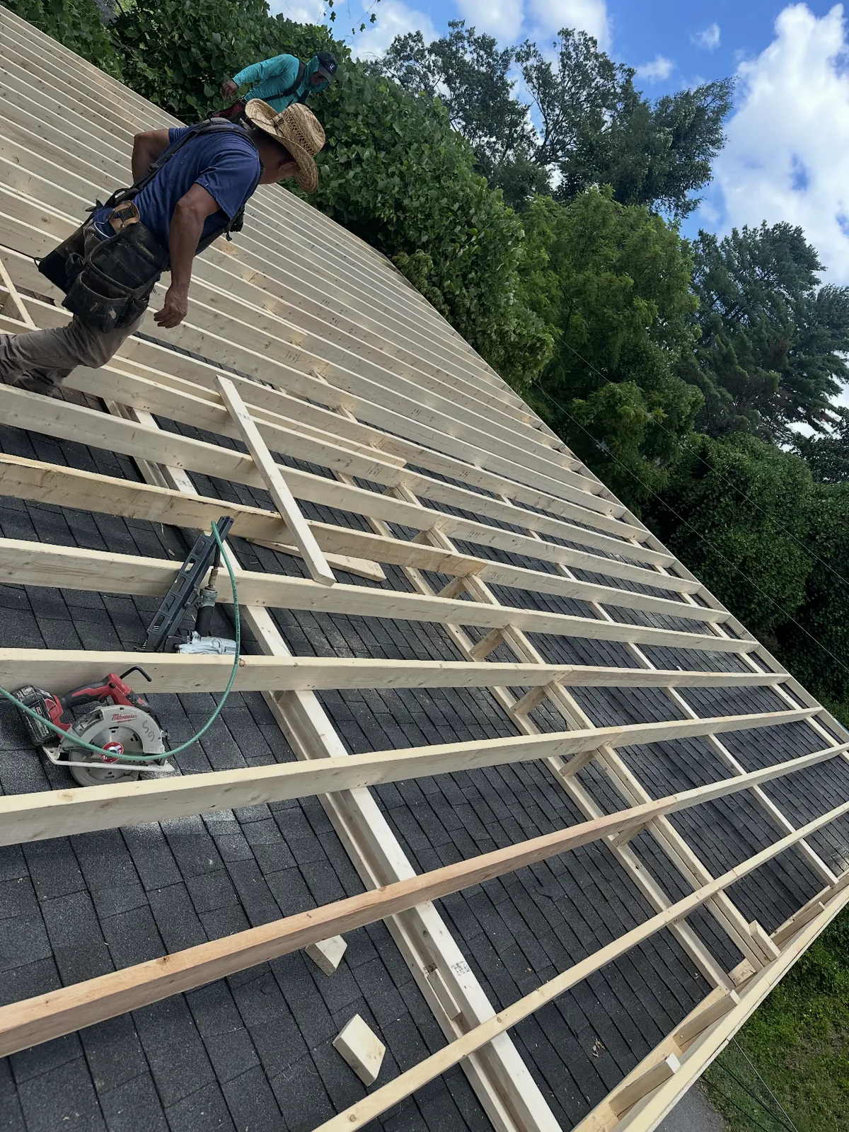 Crew fastening wood purlins across the old shingles before new metal roofing goes on